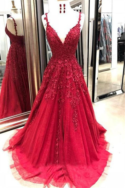 Anmutiges langes rotes Ballkleid aus Spitze in A-Linie mit V-Ausschnitt und offenem Rücken