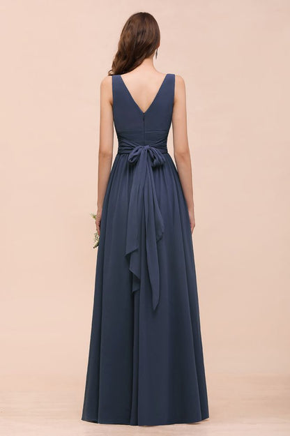Gray Side Split Bridesmaid Dress V-Neck Sleeveless Floor Length dress for Bride