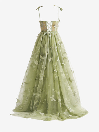 A-line Butterfly Lace Lilac Corset Prom Dress with Slit