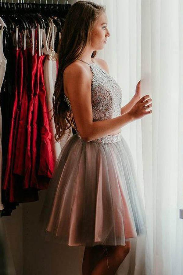Graues kurzes zweiteiliges Neckholder-Homecoming-Partykleid mit Spitze PD295