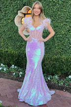 Gwenda | Black Sequin Feather Sheer Bodice Trumpet Long Gown