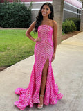 Halcyon | Vestidos de fiesta sin tirantes, sirena, lentejuelas rosa intenso y abertura