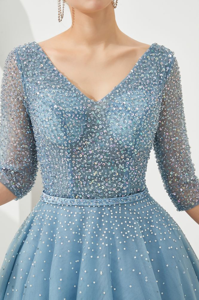 Half Sleeve Aline Tulle Evening Maxi Gown Beads V-Neck Prom Dress