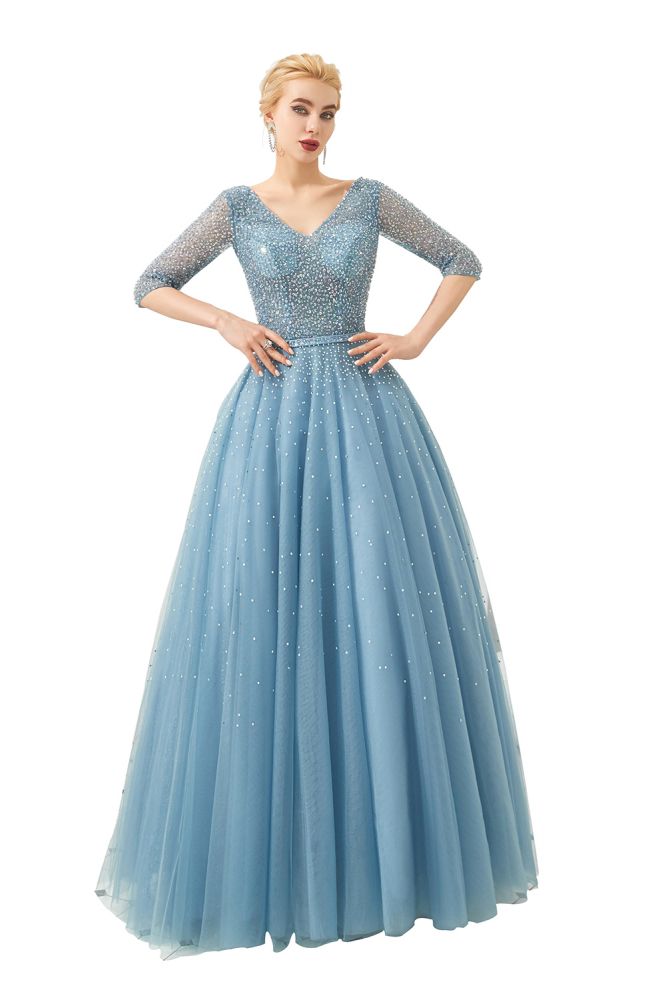 Half Sleeve Aline Tulle Evening Maxi Gown Beads V-Neck Prom Dress