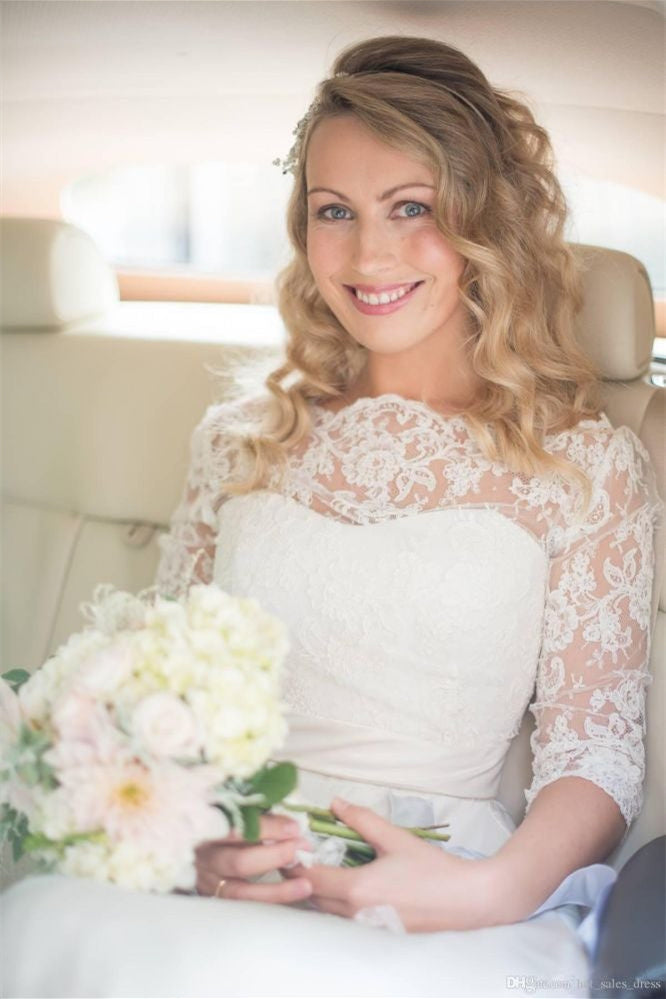 Half Sleeve Lace Wedding Dress Off-the-ShoulderV Back Bohemian Bridal Gown