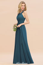 Vestidos de dama de honor con cuello halter y corte A, hasta el suelo, para fiesta de bodas