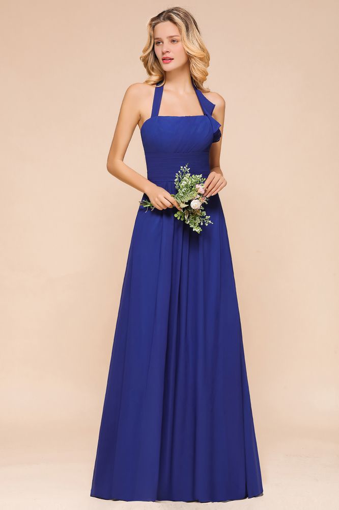 Vestido de fiesta de boda de gasa con cuello halter y corte A para dama de honor