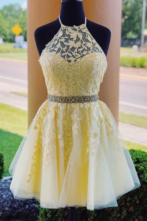 Vestido amarillo de fiesta con cuello halter y apliques, vestido corto con cinturón de cuentas PD323