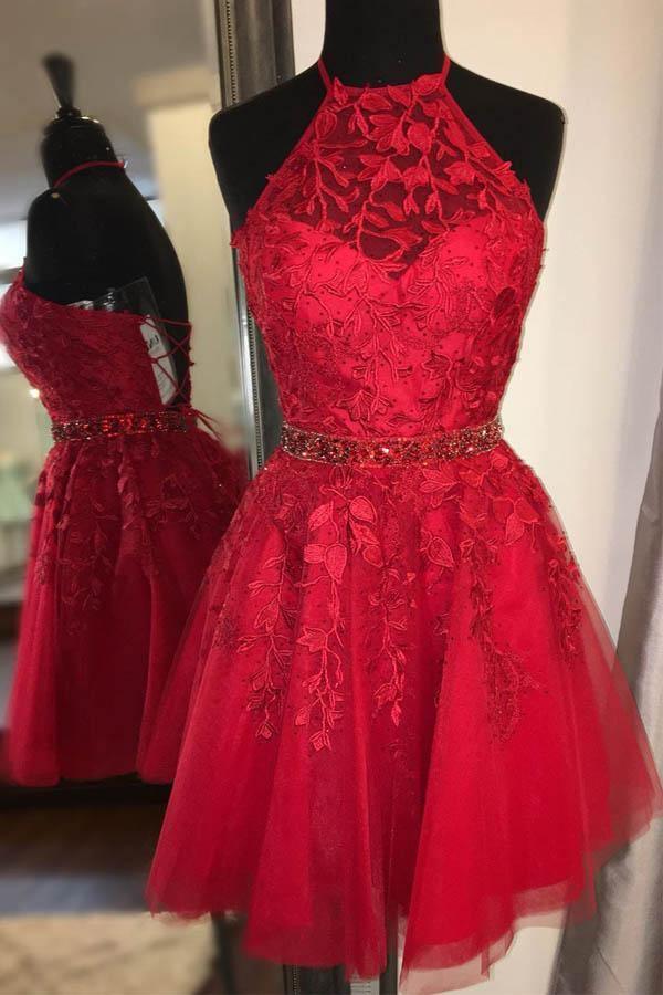 Vestido amarillo de fiesta con cuello halter y apliques, vestido corto con cinturón de cuentas PD323