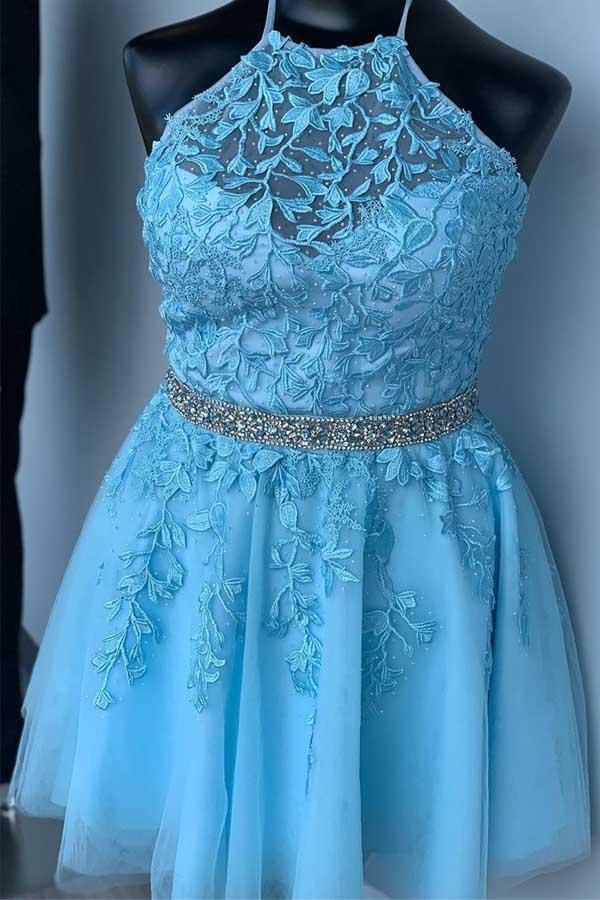 Vestido amarillo de fiesta con cuello halter y apliques, vestido corto con cinturón de cuentas PD323