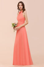 Vestido de dama de honor de playa con cuello halter, para niñas, color coral, largo hasta el suelo, para fiesta de boda