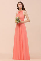Vestido de dama de honor de playa con cuello halter, para niñas, color coral, largo hasta el suelo, para fiesta de boda
