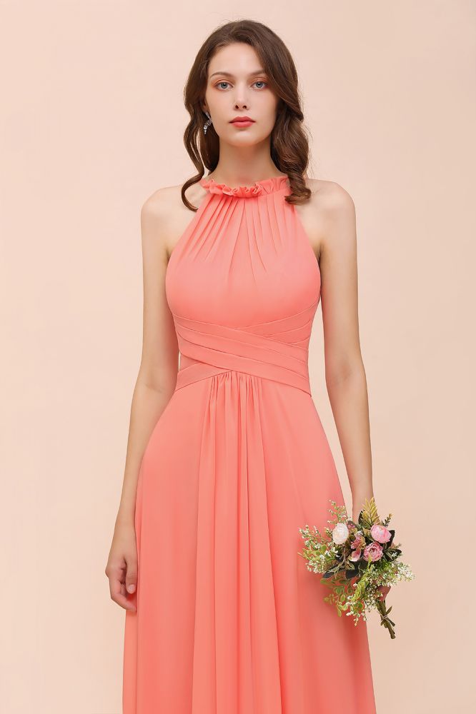 Vestido de dama de honor de playa con cuello halter, para niñas, color coral, largo hasta el suelo, para fiesta de boda