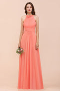 Vestido de dama de honor de playa con cuello halter, para niñas, color coral, largo hasta el suelo, para fiesta de boda