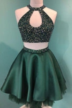 Neckholder Perlenbesetztes grünes Satin Zweiteiliges Homecoming-Kleid Kurzes Ballkleid PD358