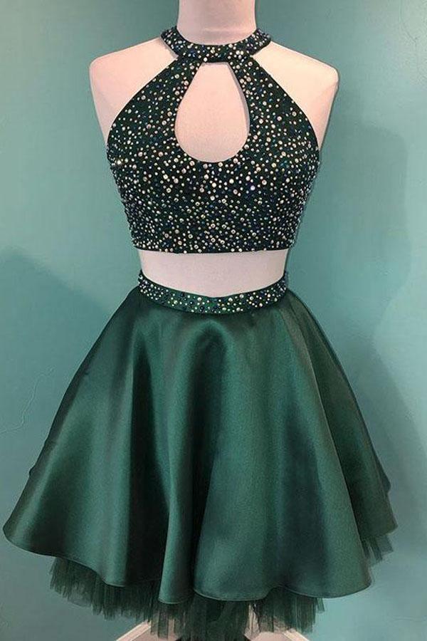 Neckholder Perlenbesetztes grünes Satin Zweiteiliges Homecoming-Kleid Kurzes Ballkleid PD358