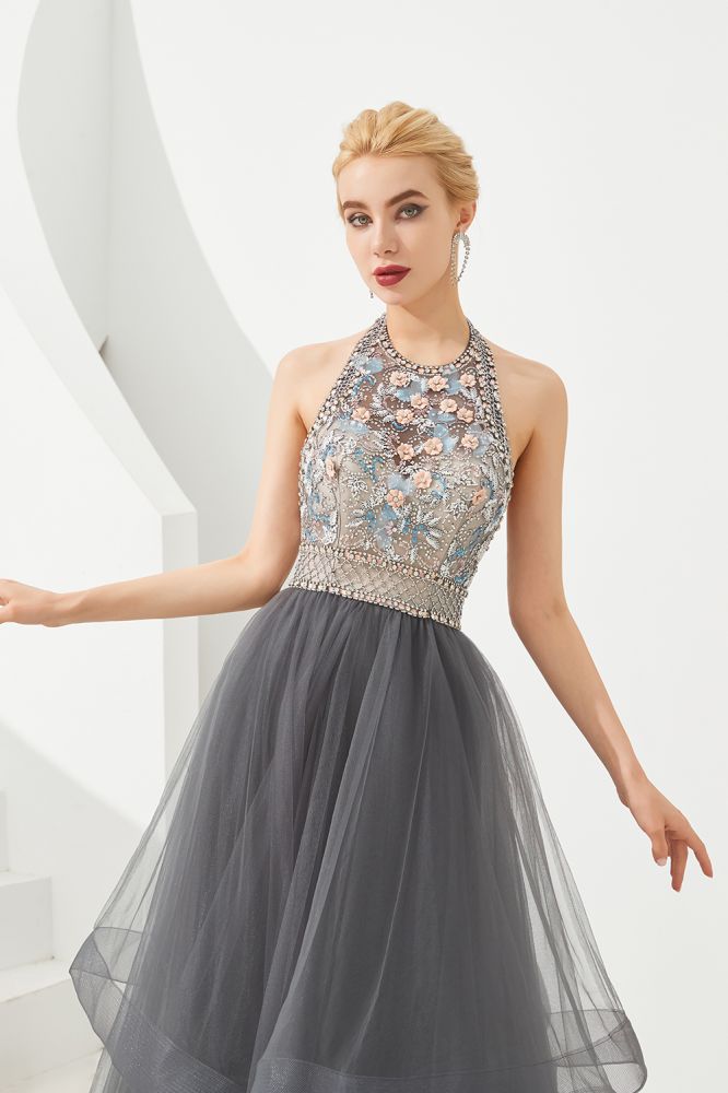 Neckholder Perlenbesatz Aline Tüll Lagen Ballkleid Ärmelloses Abendkleid