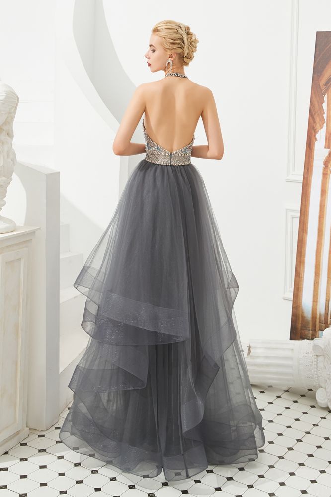 Neckholder Perlenbesatz Aline Tüll Lagen Ballkleid Ärmelloses Abendkleid
