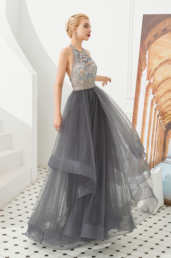 Neckholder Perlenbesatz Aline Tüll Lagen Ballkleid Ärmelloses Abendkleid