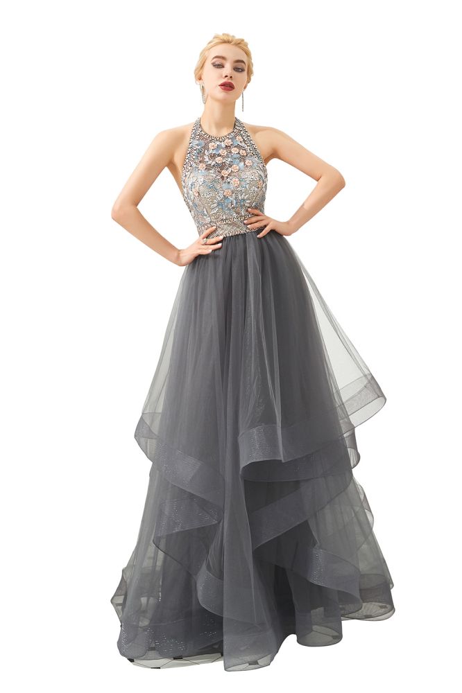 Neckholder Perlenbesatz Aline Tüll Lagen Ballkleid Ärmelloses Abendkleid