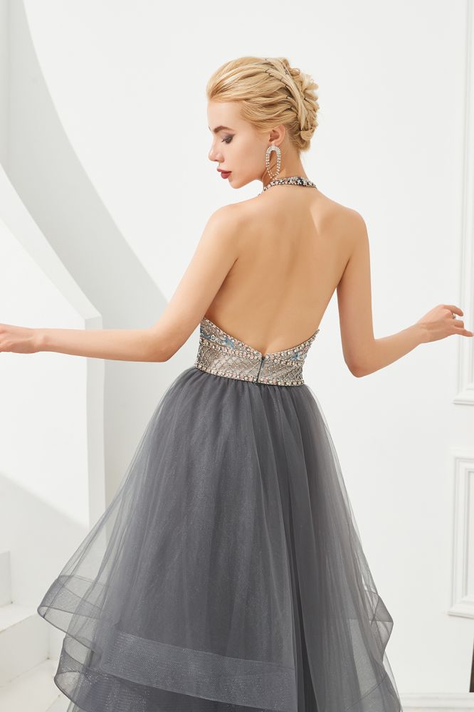 Neckholder Perlenbesatz Aline Tüll Lagen Ballkleid Ärmelloses Abendkleid