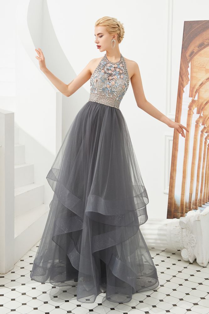 Neckholder Perlenbesatz Aline Tüll Lagen Ballkleid Ärmelloses Abendkleid