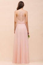 Vestido de dama de honor con cuello halter, color rosa, largo hasta el suelo, vestido formal para eventos