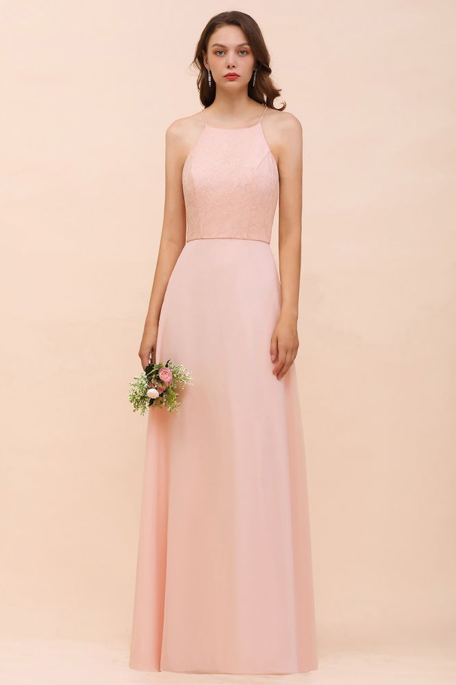 Vestido de dama de honor con cuello halter, color rosa, largo hasta el suelo, vestido formal para eventos