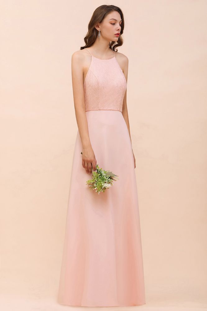 Vestido de dama de honor con cuello halter, color rosa, largo hasta el suelo, vestido formal para eventos