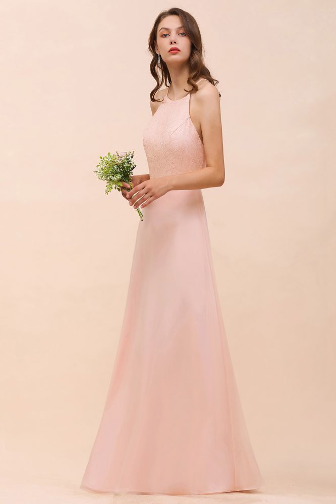 Vestido de dama de honor con cuello halter, color rosa, largo hasta el suelo, vestido formal para eventos