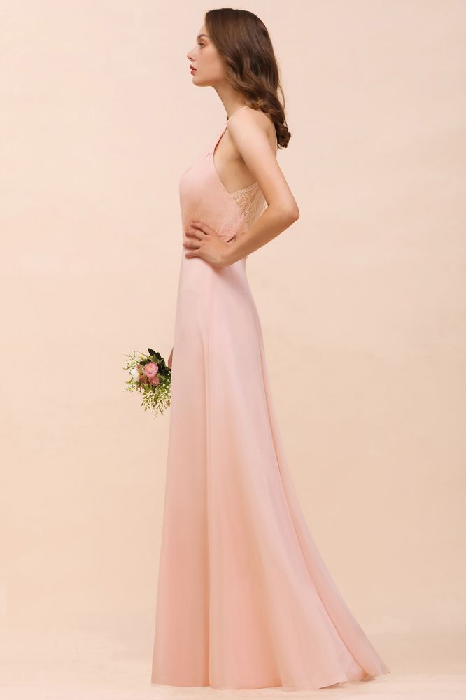 Vestido de dama de honor con cuello halter, color rosa, largo hasta el suelo, vestido formal para eventos