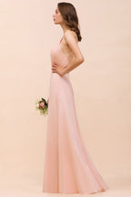 Vestido de dama de honor con cuello halter, color rosa, largo hasta el suelo, vestido formal para eventos