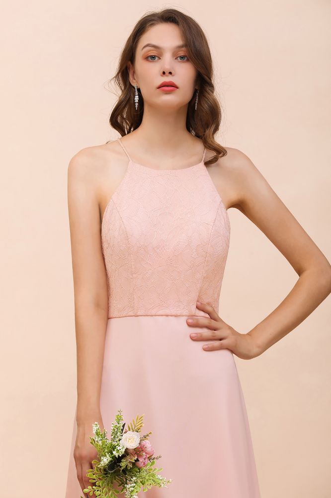Vestido de dama de honor con cuello halter, color rosa, largo hasta el suelo, vestido formal para eventos