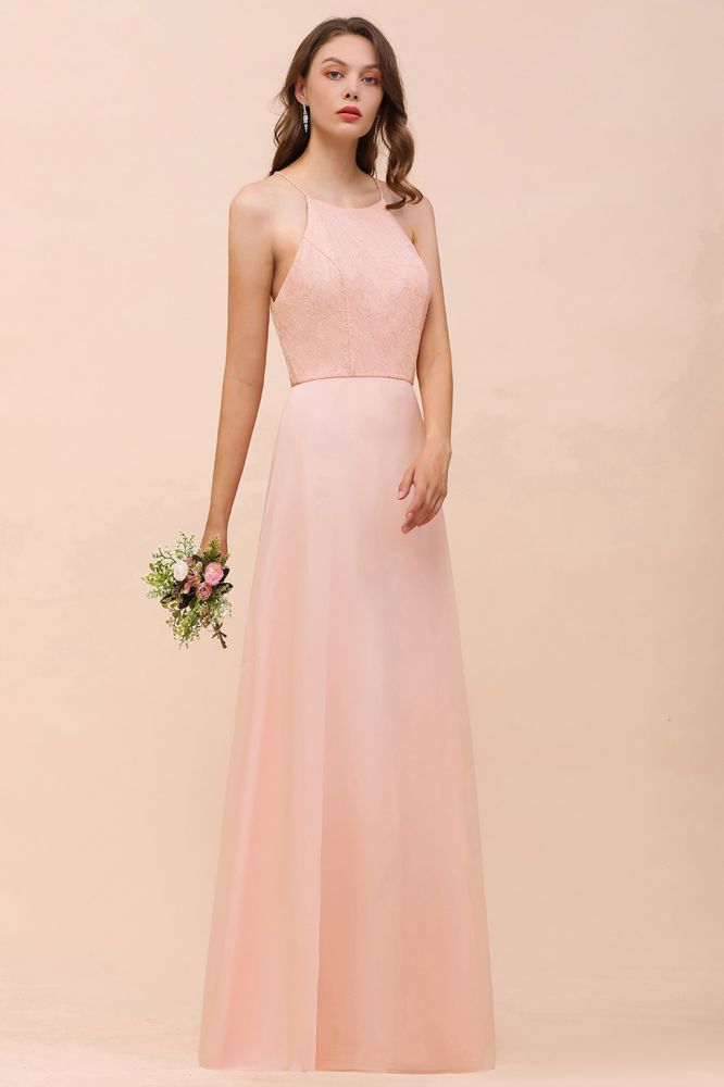 Vestido de dama de honor con cuello halter, color rosa, largo hasta el suelo, vestido formal para eventos