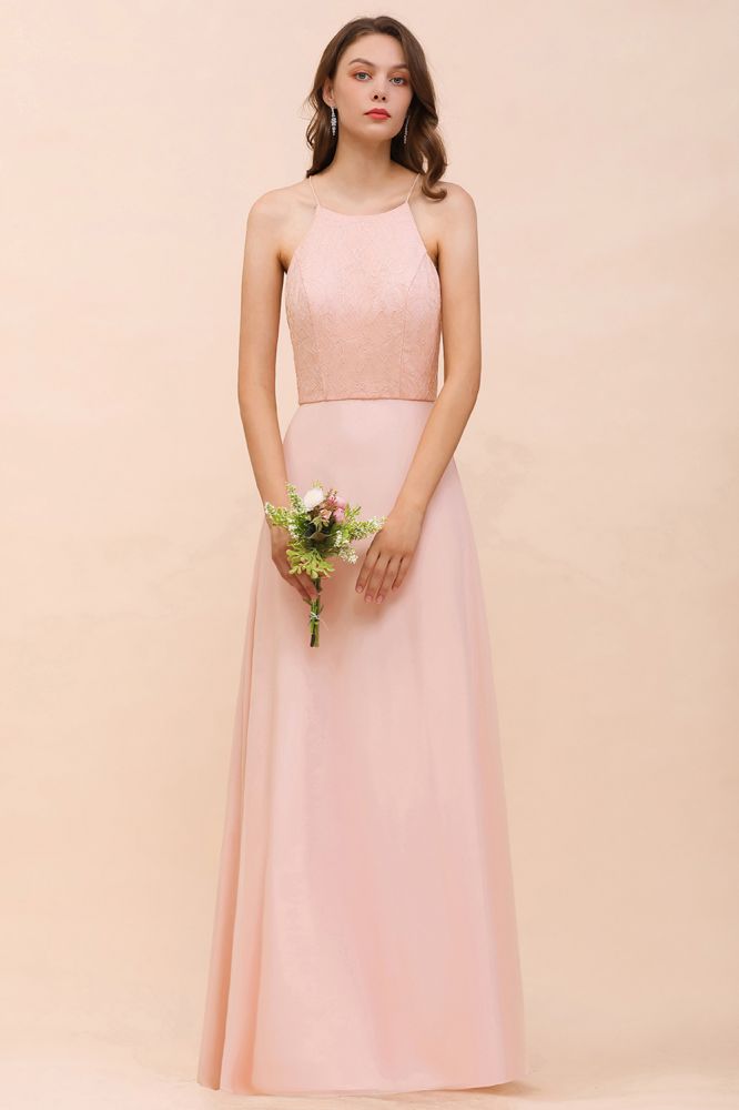Vestido de dama de honor con cuello halter, color rosa, largo hasta el suelo, vestido formal para eventos