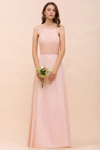 Vestido de dama de honor con cuello halter, color rosa, largo hasta el suelo, vestido formal para eventos