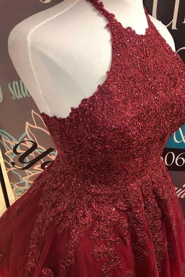 Neckholder Burgunderrot Spitze A-Linie Süßes Rückenfreies Homecoming-Kleid PD373