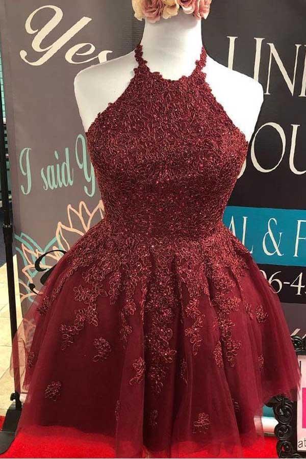 Neckholder Burgunderrot Spitze A-Linie Süßes Rückenfreies Homecoming-Kleid PD373