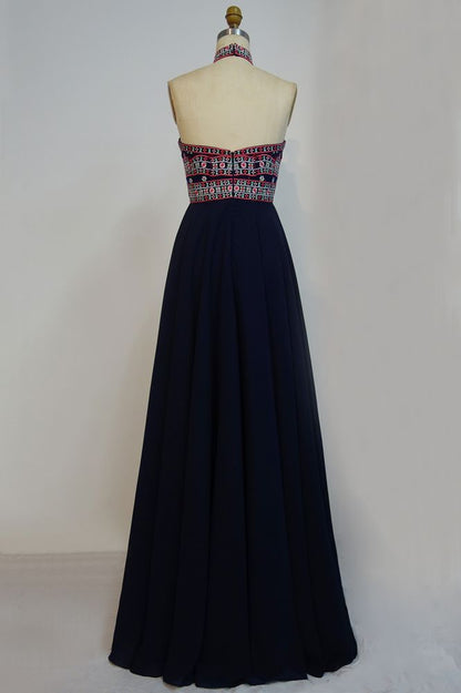 Halter Floor Length A-line Embroidered Flowers Black Prom Dresses