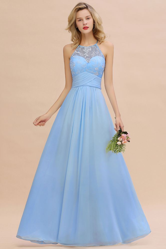Vestido de dama de honor de gasa con cuello halter, encaje floral, sin mangas y volantes, vestido de invitada de boda