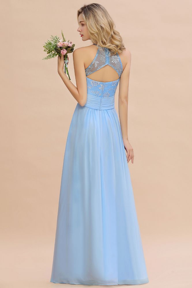 Vestido de dama de honor de gasa con cuello halter, encaje floral, sin mangas y volantes, vestido de invitada de boda
