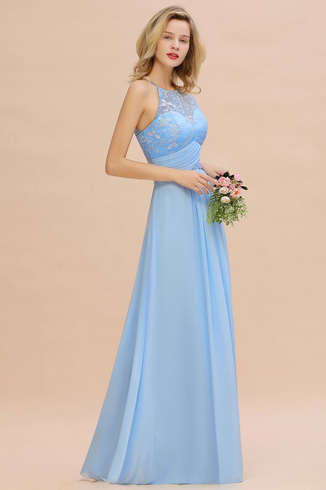 Vestido de dama de honor de gasa con cuello halter, encaje floral, sin mangas y volantes, vestido de invitada de boda
