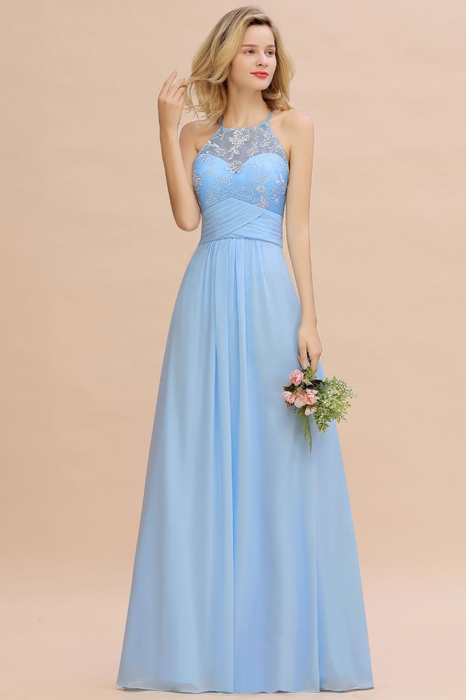 Vestido de dama de honor de gasa con cuello halter, encaje floral, sin mangas y volantes, vestido de invitada de boda