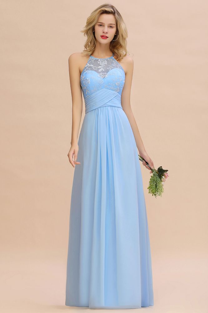 Vestido de dama de honor de gasa con cuello halter, encaje floral, sin mangas y volantes, vestido de invitada de boda