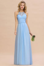 Vestido de dama de honor de gasa con cuello halter, encaje floral, sin mangas y volantes, vestido de invitada de boda