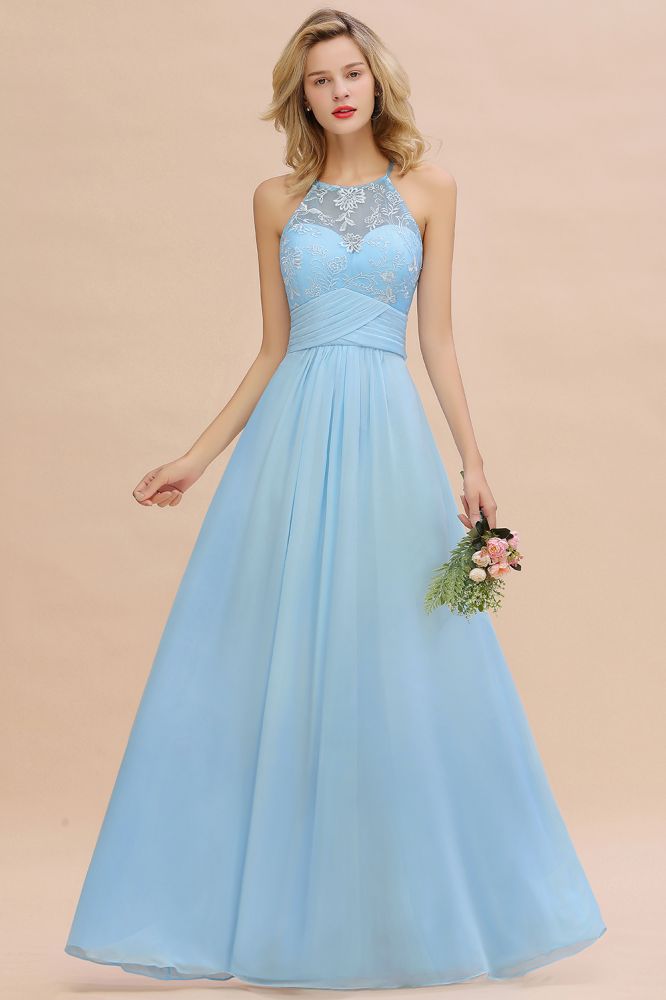 Vestido de dama de honor de gasa con cuello halter, encaje floral, sin mangas y volantes, vestido de invitada de boda