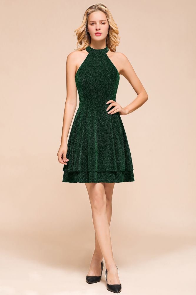 Neckholder-Knielanges Homecoming-Kleid, ärmellos, dunkelgrün, helles Seiden-Abendkleid