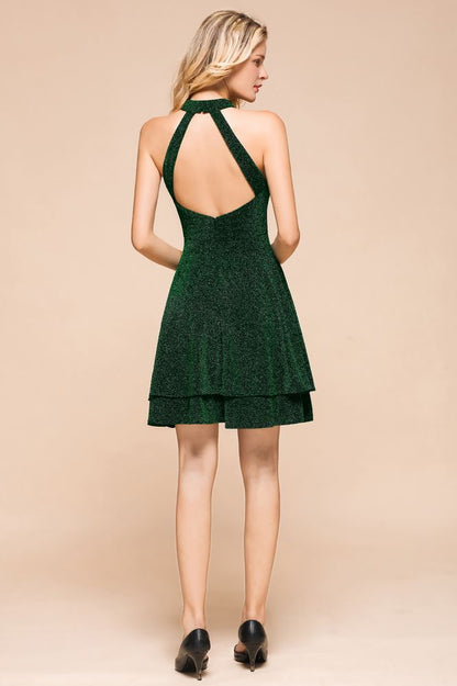 Neckholder-Knielanges Homecoming-Kleid, ärmellos, dunkelgrün, helles Seiden-Abendkleid