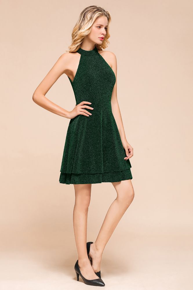 Neckholder-Knielanges Homecoming-Kleid, ärmellos, dunkelgrün, helles Seiden-Abendkleid