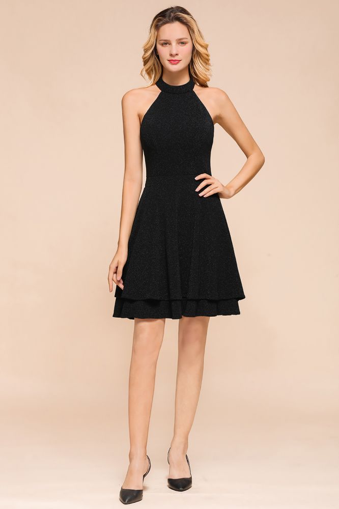 Neckholder-Knielanges Homecoming-Kleid, ärmellos, dunkelgrün, helles Seiden-Abendkleid